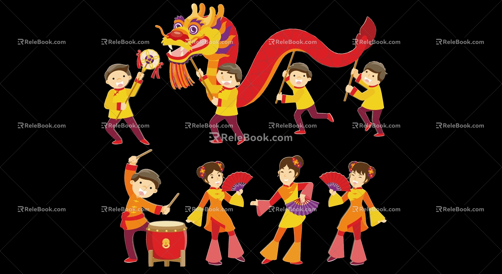 Modern 2D Dragon and Lion Dance Traditional Celebration Folk Silhouette model