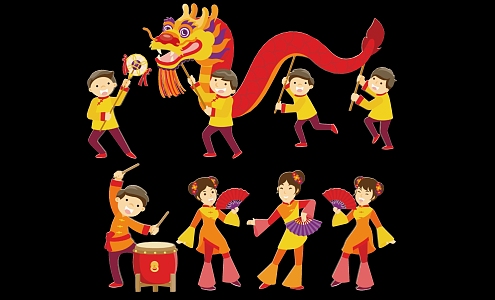 Modern 2D Dragon and Lion Dance Traditional Celebration Folk Silhouette 3d model