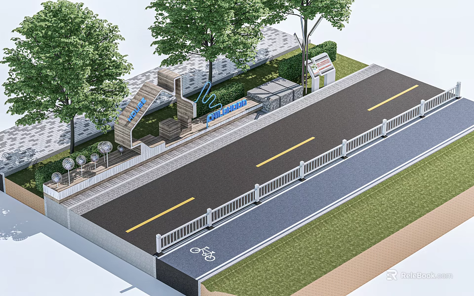 Road Facilities Featuring Bicycle Lane Guardrail Trees And Bus Stop With Benches 3d model 