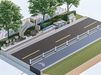 Road Facilities Featuring Bicycle Lane Guardrail Trees And Bus Stop With Benches 3d model