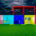 Outdoor Colorful Container Buildings With Night Sky Moon Clouds And Green Grass