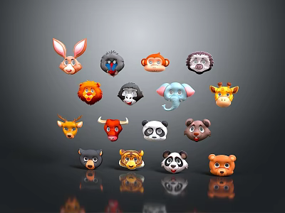 Adorable Colorful Cartoon Animal Head Icons Featuring Various Wildlife Species 3d model