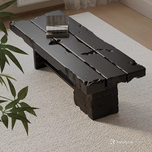 Black Wooden Bench With Rustic Textured Surface And Green Plant Leaves On Light Carpet 3d model 