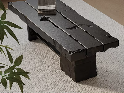 Black Wooden Bench With Rustic Textured Surface And Green Plant Leaves On Light Carpet 3d model