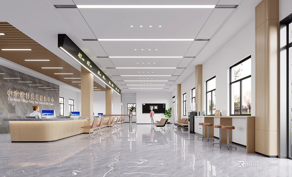 Spacious Modern Service Hall Interior With Counters Seating And Lighting 3d model 