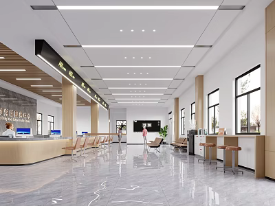 Spacious Modern Service Hall Interior With Counters Seating And Lighting 3d model