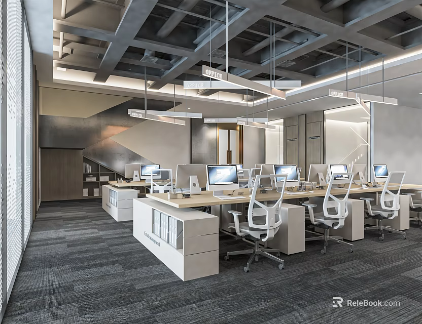 Spacious Modern Public Office Space Design With Desks Computers Ergonomic Chairs And Pendant Lights 3d model 