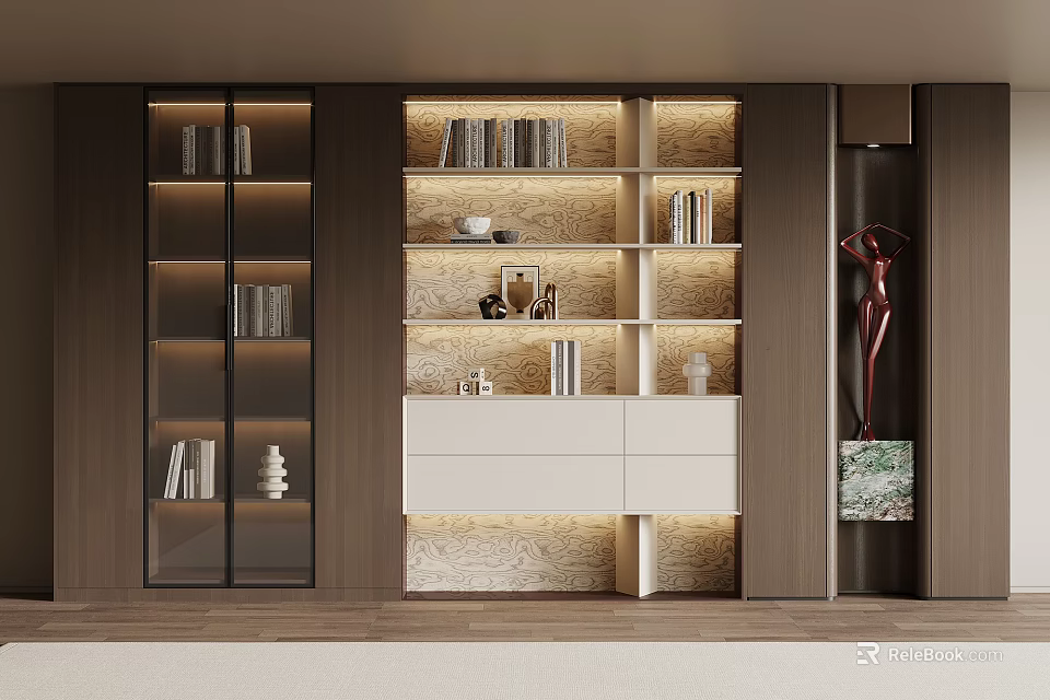 Elegant Modern Wooden Bookcase With Glass Doors Books Decorative Items And Lighting 3d model 