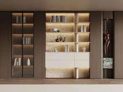 Elegant Modern Wooden Bookcase With Glass Doors Books Decorative Items And Lighting 3d model