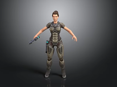 Futuristic Female Character In Tech Suit Holding Blaster Against Gray Background 3d model