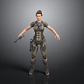 Futuristic Female Character In Tech Suit Holding Blaster Against Gray Background