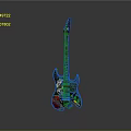 Household Electric Guitar With Black Body And Decorative Stickers On Gray Background