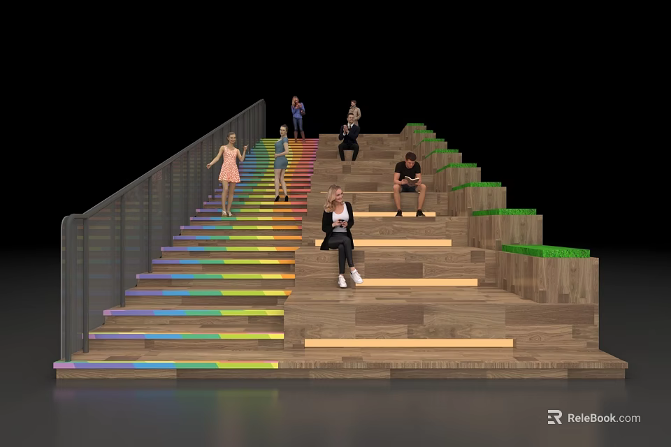 Wooden Stairs With Colorful Lights Glass Railings Green Areas And People Standing Sitting 3d model 
