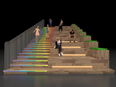 Wooden Stairs With Colorful Lights Glass Railings Green Areas And People Standing Sitting 3d model