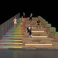 Wooden Stairs With Colorful Lights Glass Railings Green Areas And People Standing Sitting