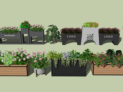 Various Styles of Tree Planters with Colorful Flowers Green Plants and LOGO Designs 3d model