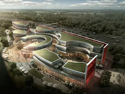 Birds Eye View Master Plan Featuring Modern Circular Complex Green Roofs And Trees 3d model