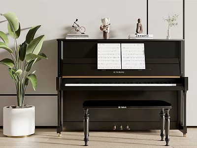 Elegant Modern Interior With Black Piano Art Supplies Music Sheets And Potted Plant 3d model