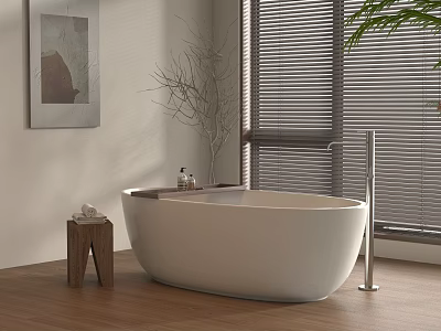 Modern White Freestanding Bathtub Interior Design With Wooden Floor Window Blinds And Side Stool 3d model