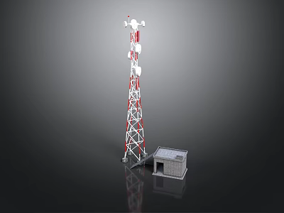 Red And White Telecommunication Tower With Antennas And Small Gray Building 3d model