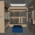 Luxury Walk in Closet Interior Design With Wooden Cabinets Hanging Clothes Bench And Mirror