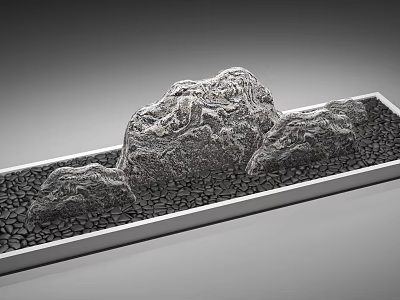 Stylish Garden Ornament with Natural Stones and Smooth Pebbles in Rectangular Tray 3d model