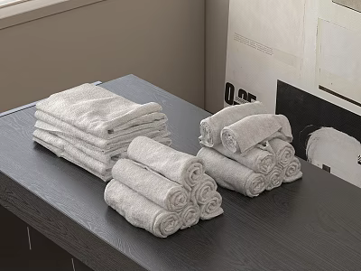 Neatly Stacked Folded And Rolled Towels On Gray Table With Light Wall 3d model