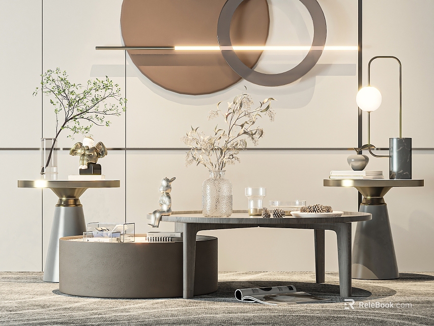 Elegant Modern Coffee Table Interior With Marble Top Metal Legs Circular Decor And Plants 3d model 