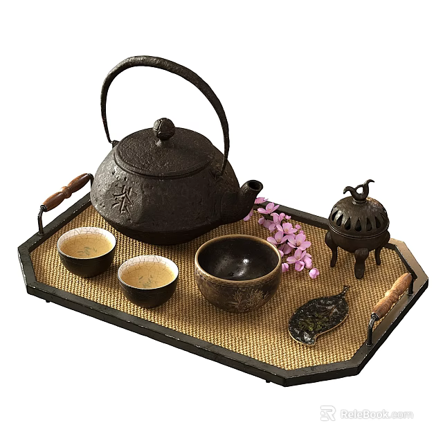 Traditional Tableware Set Featuring Cast Iron Teapot Teacups Tray And Sakura 3d model