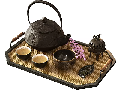 Traditional Tableware Set Featuring Cast Iron Teapot Teacups Tray And Sakura 3d model