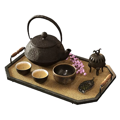 Traditional Tableware Set Featuring Cast Iron Teapot Teacups Tray And Sakura 3d model