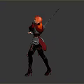 Red Haired Woman in Armor Holding Two Red Swords in Battle Stance
