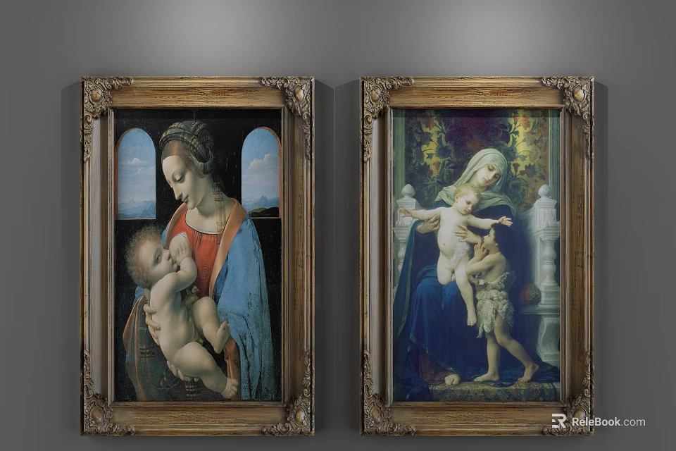 Two Classic Madonna Oil Paintings With Baby Child And Golden Frames 3d model 