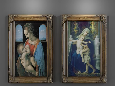 Two Classic Madonna Oil Paintings With Baby Child And Golden Frames 3d model