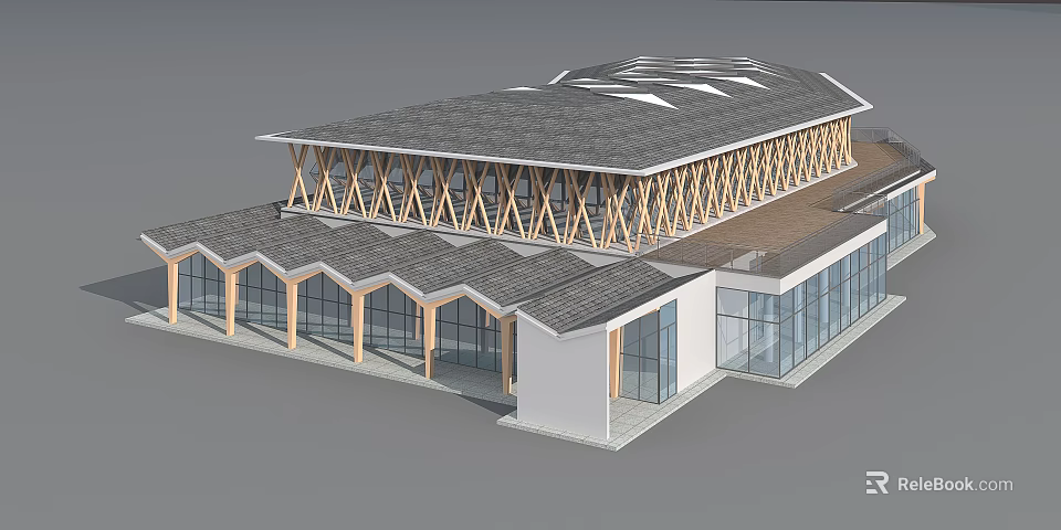 Visitor Center Featuring Unique Roof Design Wooden Framework And Large Glass Windows 3d model 