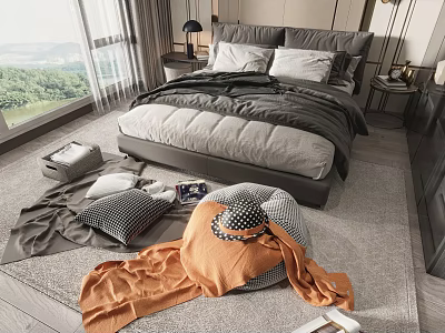 Double Bed In Modern Bedroom With Grey White Bedding Nightstands And Window View 3d model