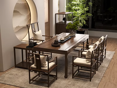 Chinese Style Wooden Tea Table and Chairs with Cushions on Area Rug and Green Plants 3d model