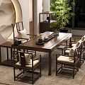 Chinese Style Wooden Tea Table and Chairs with Cushions on Area Rug and Green Plants