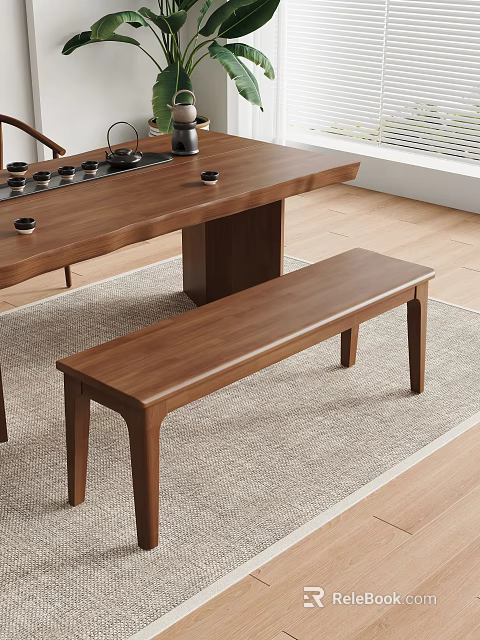 Simple Modern Wooden Bench In Dining Room With Wooden Table And Rug 3d model 