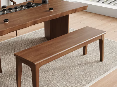 Simple Modern Wooden Bench In Dining Room With Wooden Table And Rug 3d model