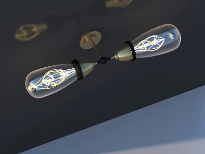 Modern Wall Lamp With Two Transparent Filament Bulbs And Brass Metal Base On Dark Wall 3d model