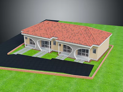 Single Story Building Featuring Red Tile Roof Light Colored Walls Arched Windows Lawn Stone Pathways 3d model