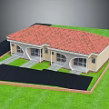 Single Story Building Featuring Red Tile Roof Light Colored Walls Arched Windows Lawn Stone Pathways
