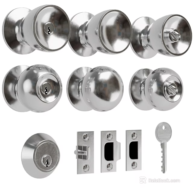Silver Metal Door Knobs Locks And Keys In Various Home Hardware Styles 3d model 