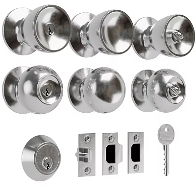 Silver Metal Door Knobs Locks And Keys In Various Home Hardware Styles 3d model