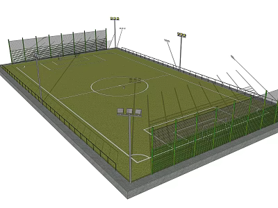 Soccer Field With Green Grass Surface Fenced Area And Floodlights For Night Games 3d model