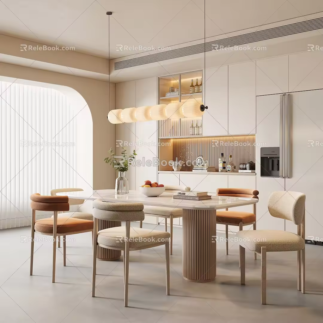 Cream Style Restaurant Dining Table and Chair Combination Rectangular Dining Table and Chair Cream Style Dining Table and Chair Sideboard Chandelier Rock Board Dining Table Lamb Fleece Dining Chair 3d model