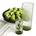 Decorative Ornament Set with Frosted Glass Vase Olive Branch Green Olives Bowl Clear Glass Cups