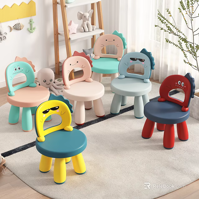 Cute Kids Room Interior Design With Colorful Cartoon Shaped Stools And Animal Faces 3d model 