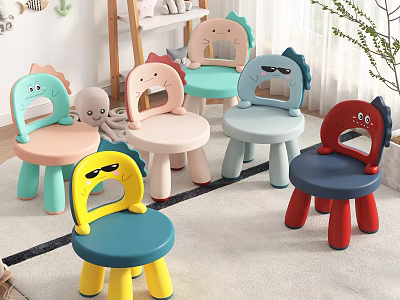Cute Kids Room Interior Design With Colorful Cartoon Shaped Stools And Animal Faces 3d model